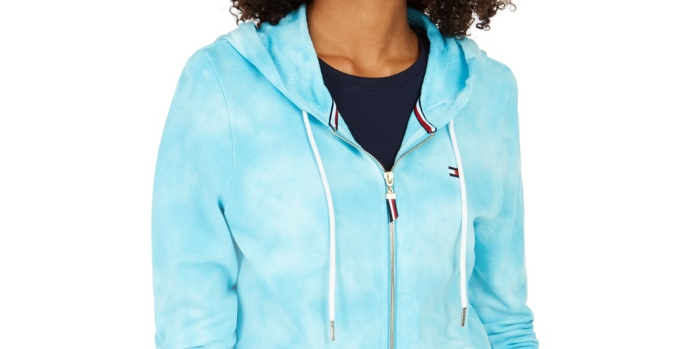 Tommy Hilfiger Moletom com capuz feminino de algodão tingido, azul, tamanho médio