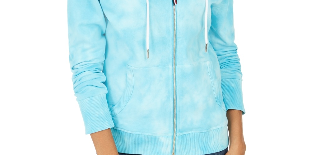Tommy Hilfiger Moletom com capuz feminino de algodão tingido, azul, tamanho médio