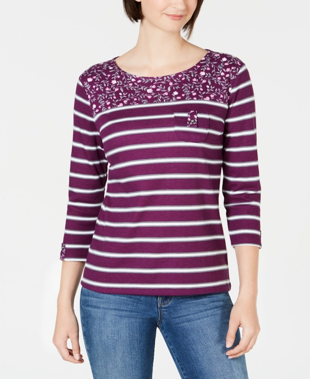 Karen Scott Blusa Listrada Floral Yoke Feminina Vermelha Tamanho P