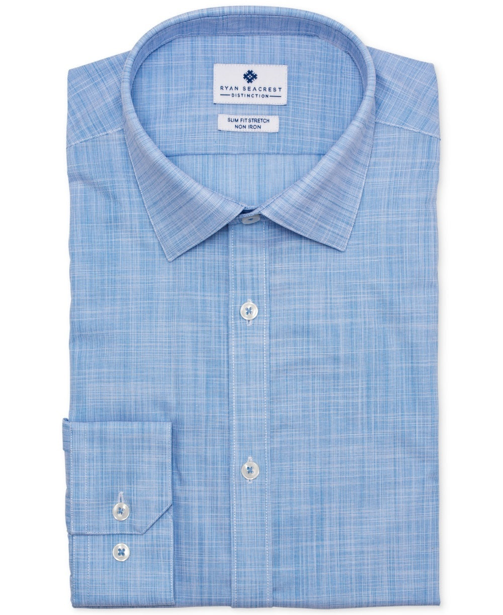 Camisa social masculina Ryan Seacrest Distinction Slim Fit de algodão, azul, tamanho 17,5 x 32-33