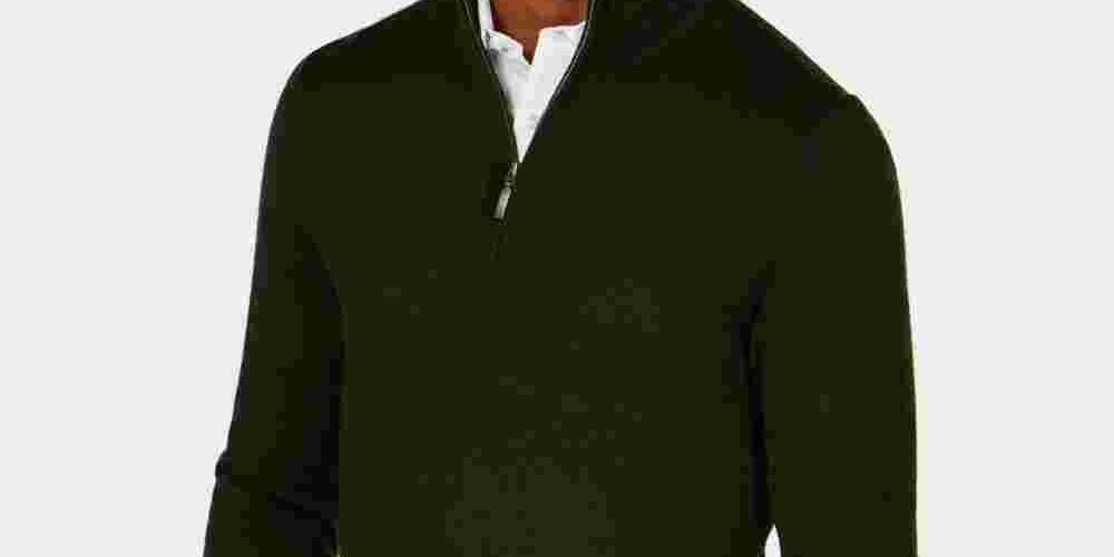 Suéter masculino de manga comprida, gola alta, zíper, tamanho pequeno, verde, Club Room