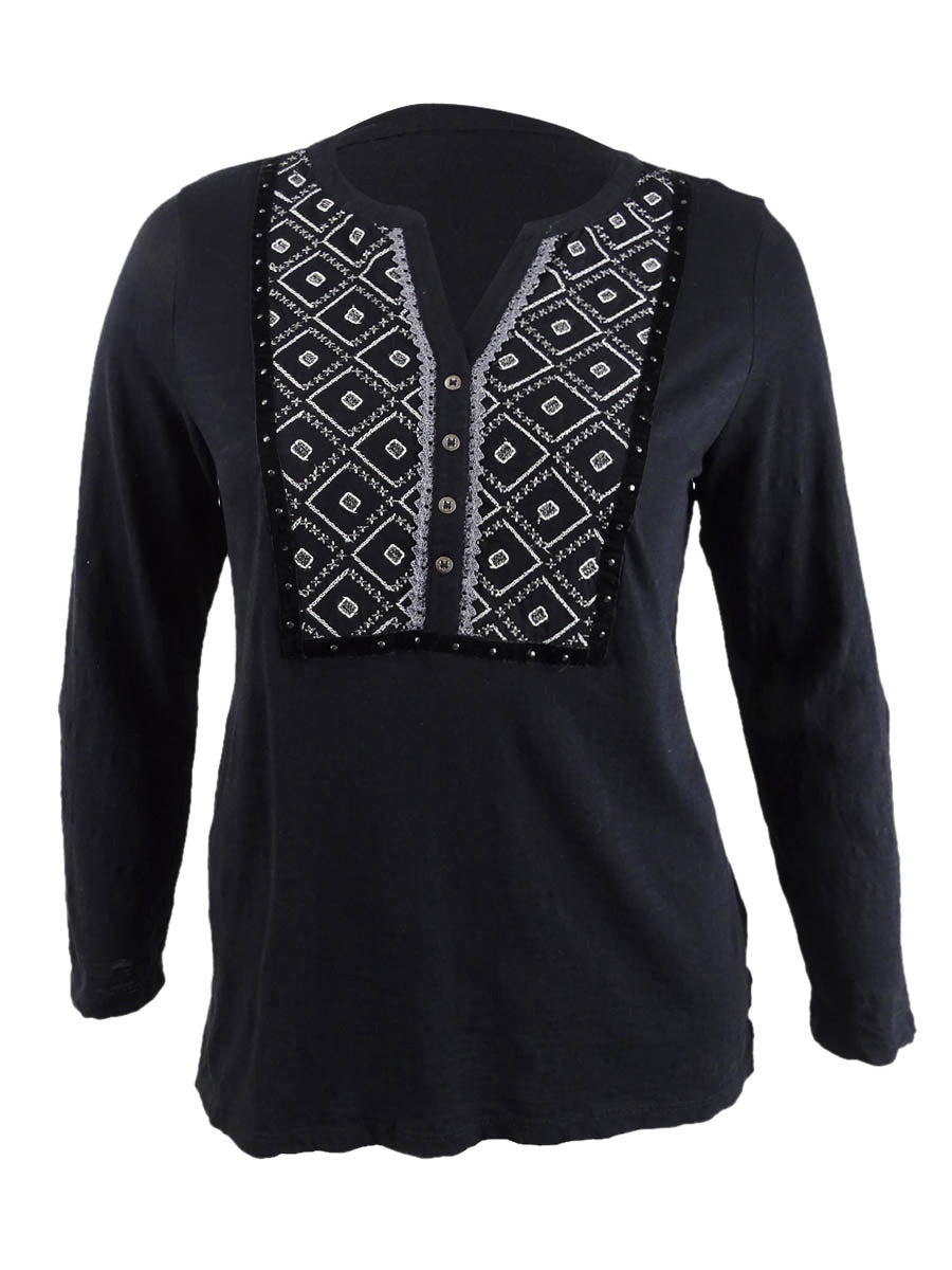 Blusa feminina estampada com mangas bufantes e abas estilo &amp; co, preta, tamanho pequeno P