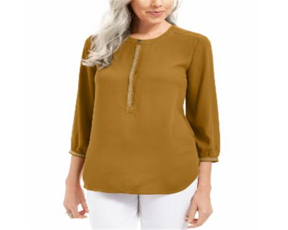 JM Collection Top Feminino com Punhos e Botões, Mostarda, Tamanho Pequeno G