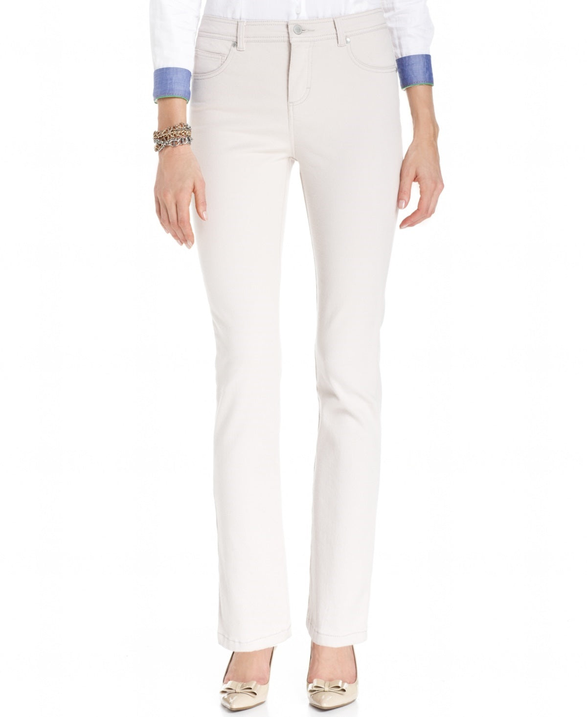 Calça jeans feminina Charter Club Lexington Tummy Control com perna reta, bege, tamanho 4