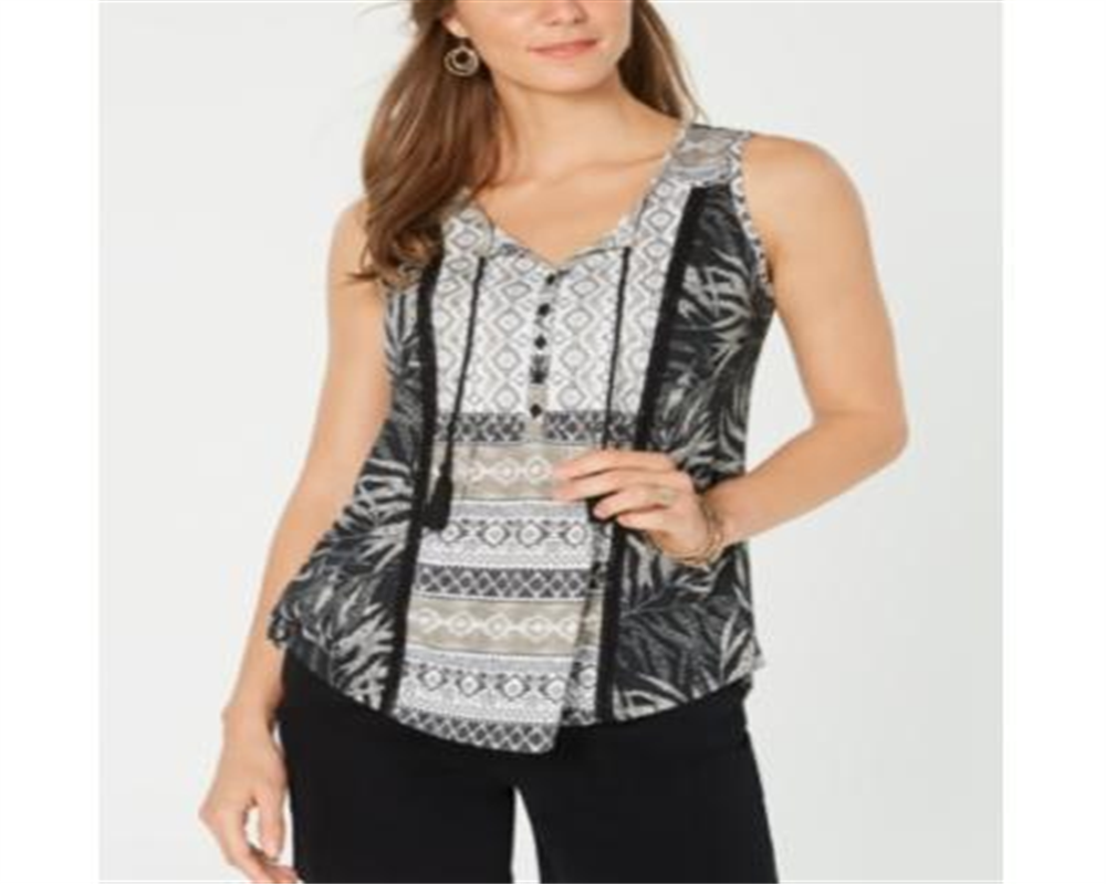 Blusa feminina estampada mista Style &amp; Co preta, vários tamanhos PP