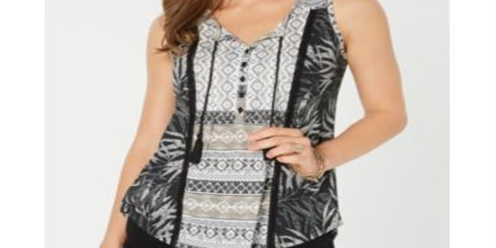 Blusa feminina estampada mista Style &amp; Co preta, vários tamanhos PP