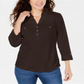 Camisa utilitária feminina Karen Scott de algodão com gola Johnny, tamanho chocolate, pequena