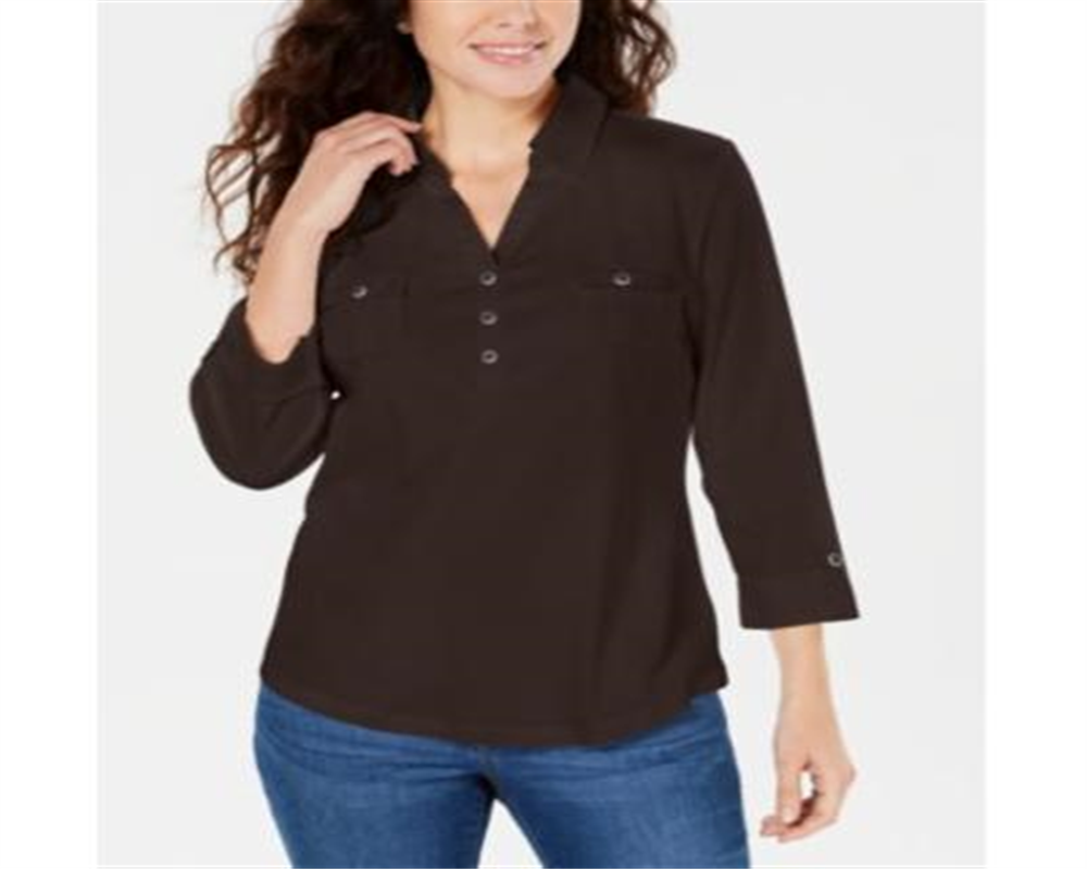 Camisa utilitária feminina Karen Scott de algodão com gola Johnny, tamanho chocolate, pequena