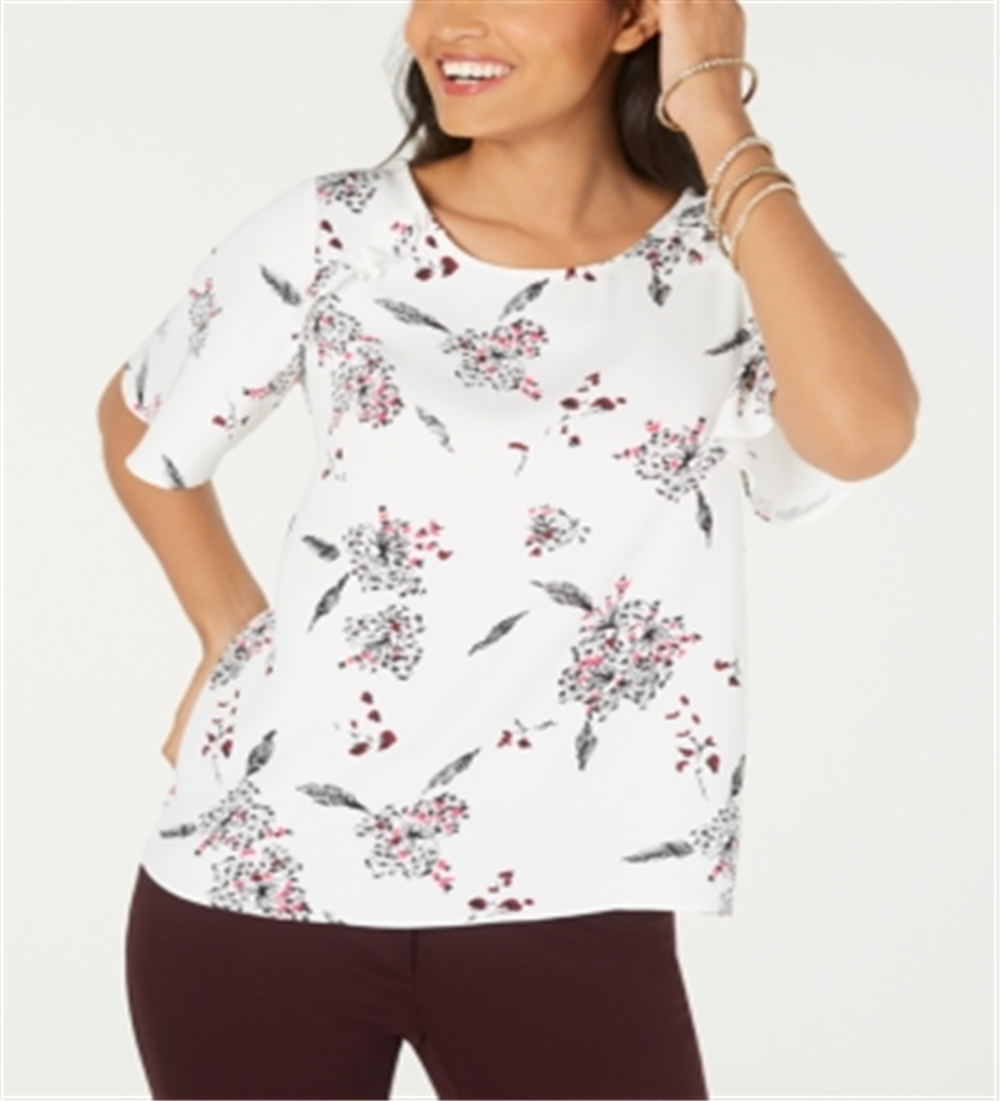 Blusa feminina Alfani com estampa e babados, branca, tamanho pequeno G