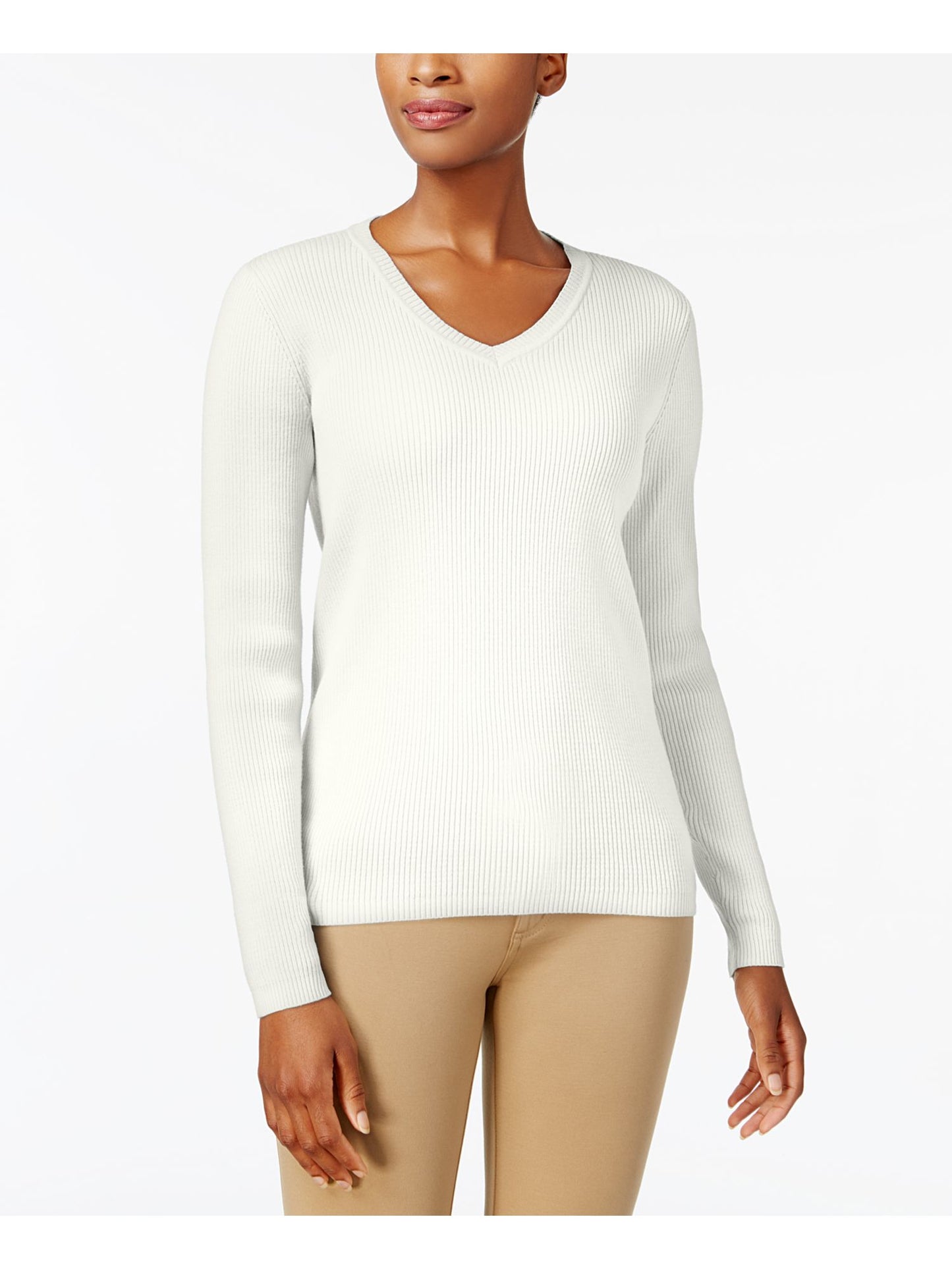 Karen Scott Suéter Feminino Texturizado Riscas de Giz Manga Longa Gola V Branco Tamanho Pequeno GG