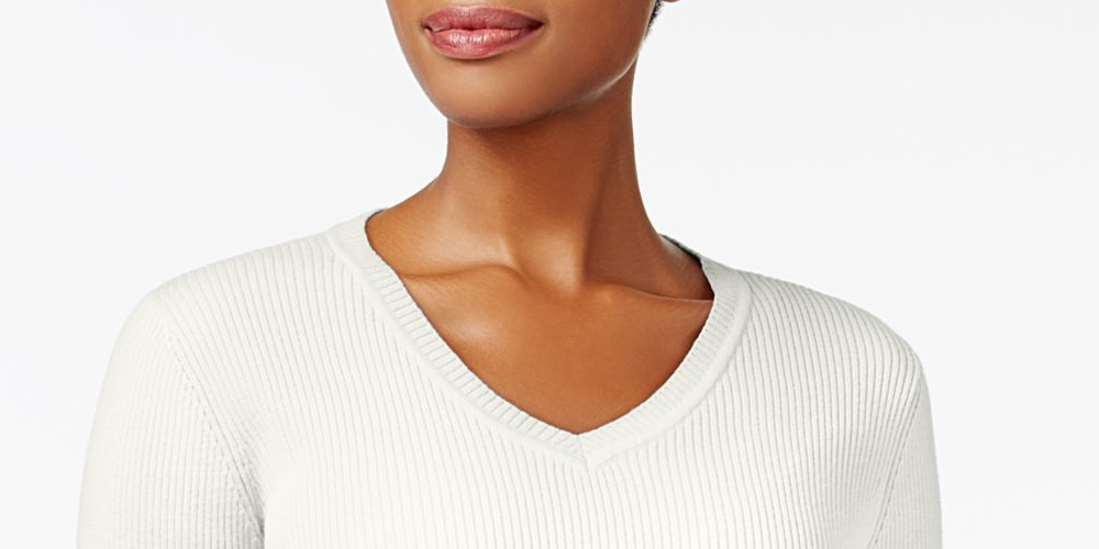 Karen Scott Suéter Feminino Texturizado Riscas de Giz Manga Longa Gola V Branco Tamanho Pequeno GG