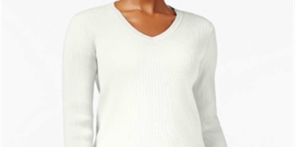 Karen Scott Suéter Feminino Texturizado Riscas de Giz Manga Longa Gola V Branco Tamanho Pequeno GG