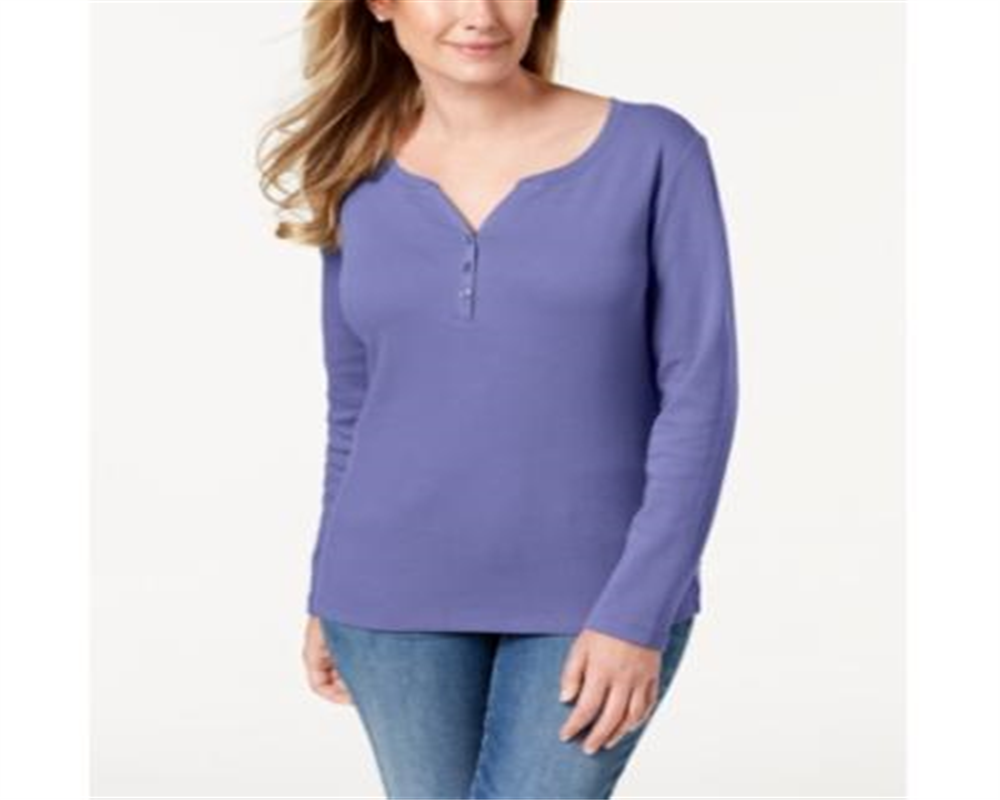 Karen Scott Top Henley de Algodão Feminino Roxo Tamanho Grande