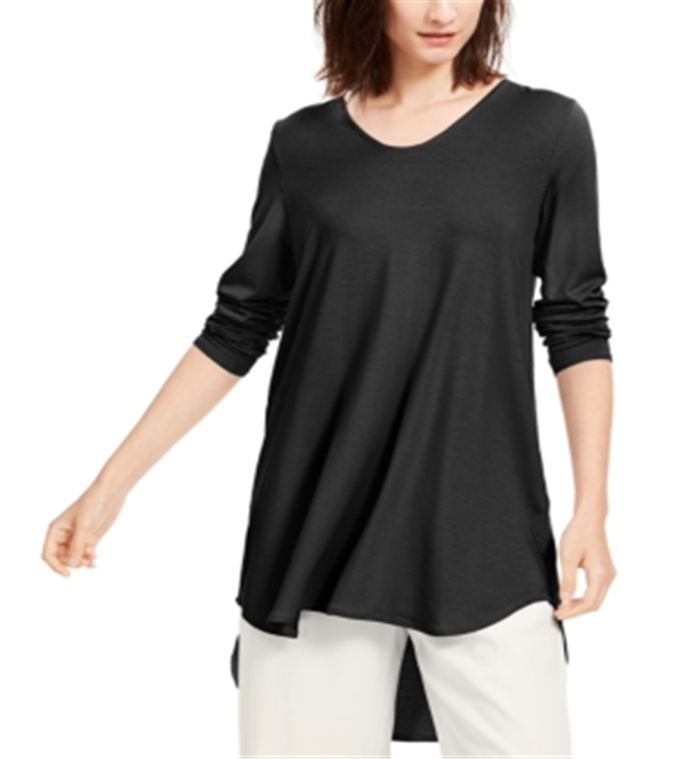Túnica feminina Eileen Fisher com decote em joia e manga comprida, marrom, tamanho XS