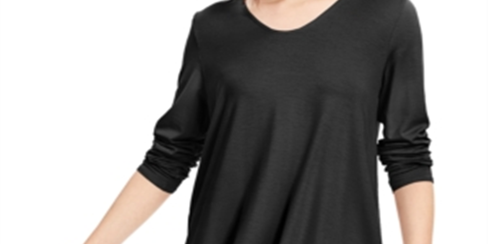 Túnica feminina Eileen Fisher com decote em joia e manga comprida, marrom, tamanho XS