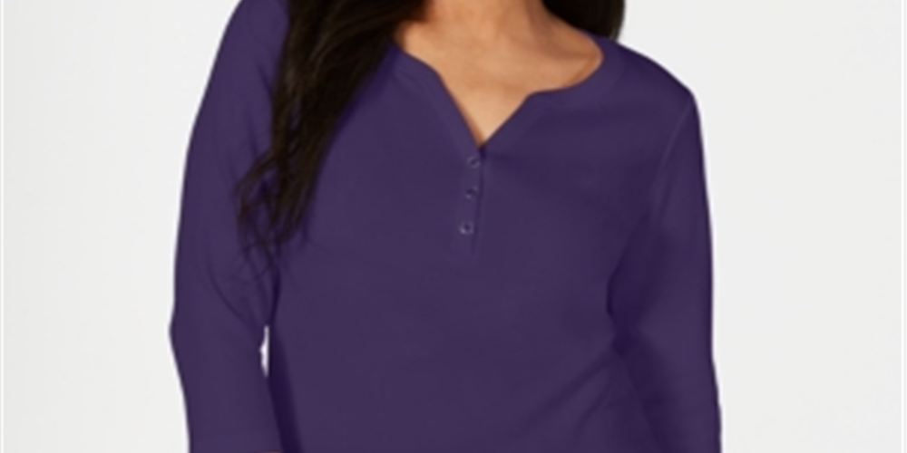 Camisa Henley de algodão feminina Karen Scott, roxa, tamanho pequeno GG