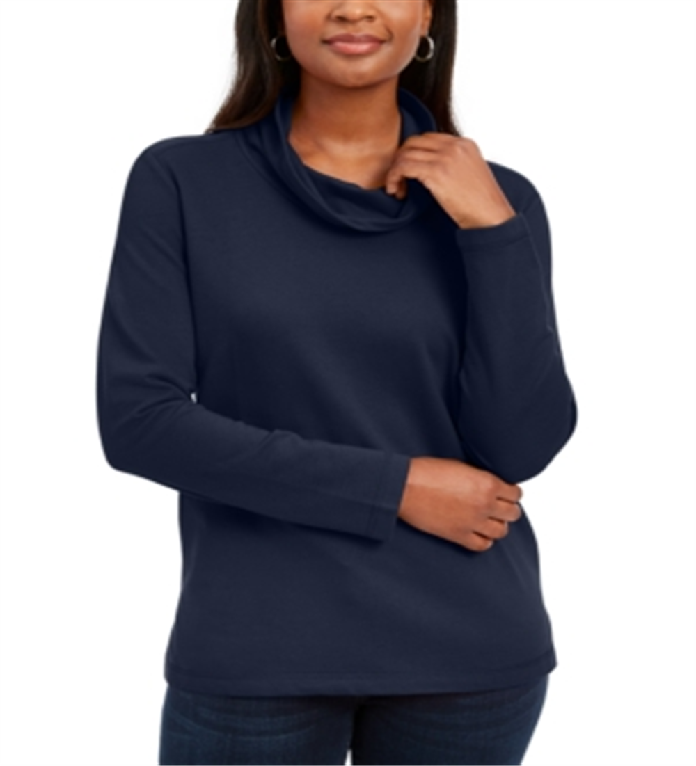 Blusa feminina Karen Scott com decote em V, azul, tamanho pequeno GG