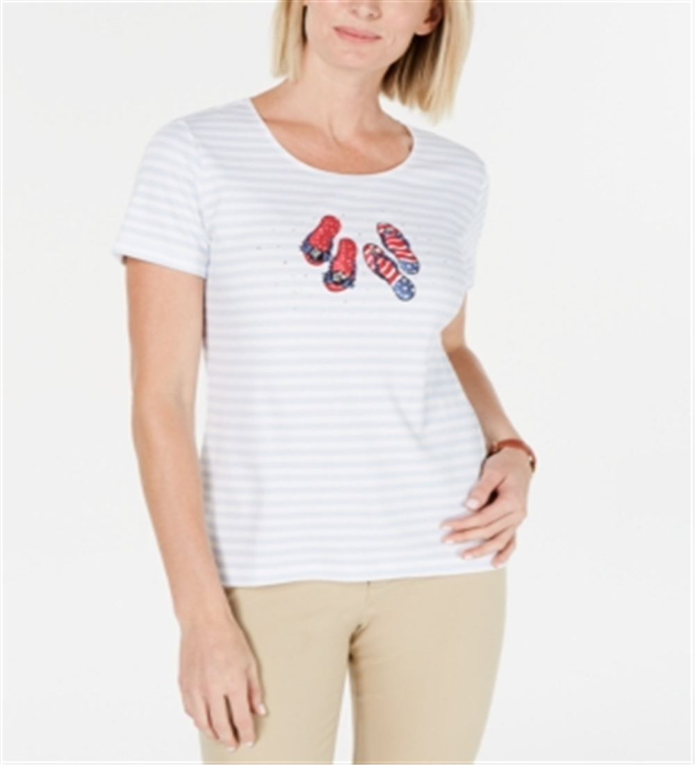 Camiseta feminina listrada Karen Scott, azul, tamanho pequeno grande