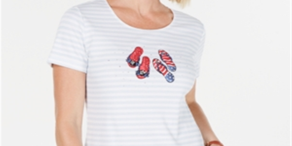 Camiseta feminina listrada Karen Scott, azul, tamanho pequeno grande