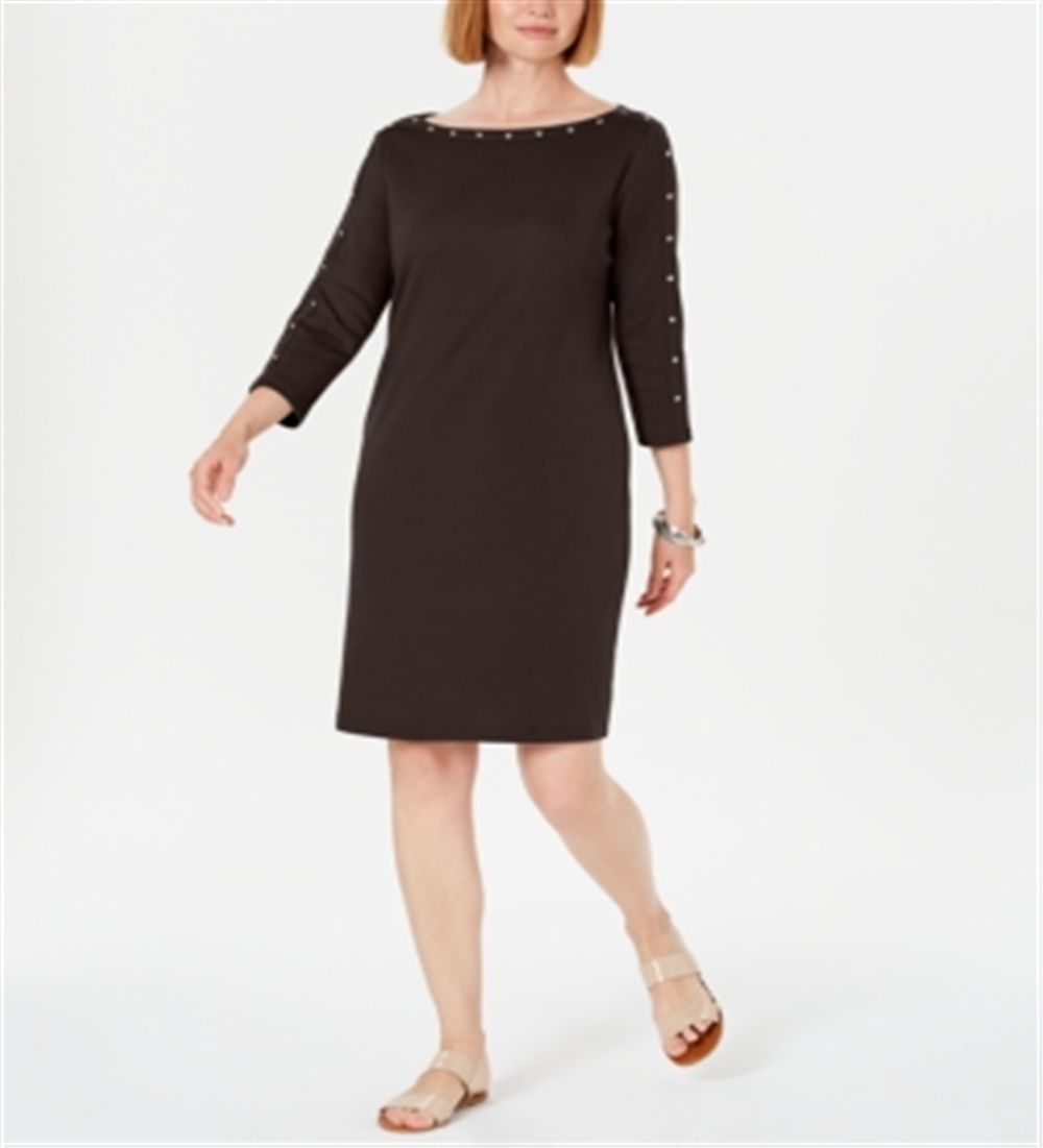Vestido esportivo feminino Karen Scott de algodão com tachas e manga 3/4, tamanho chocolate, pequeno