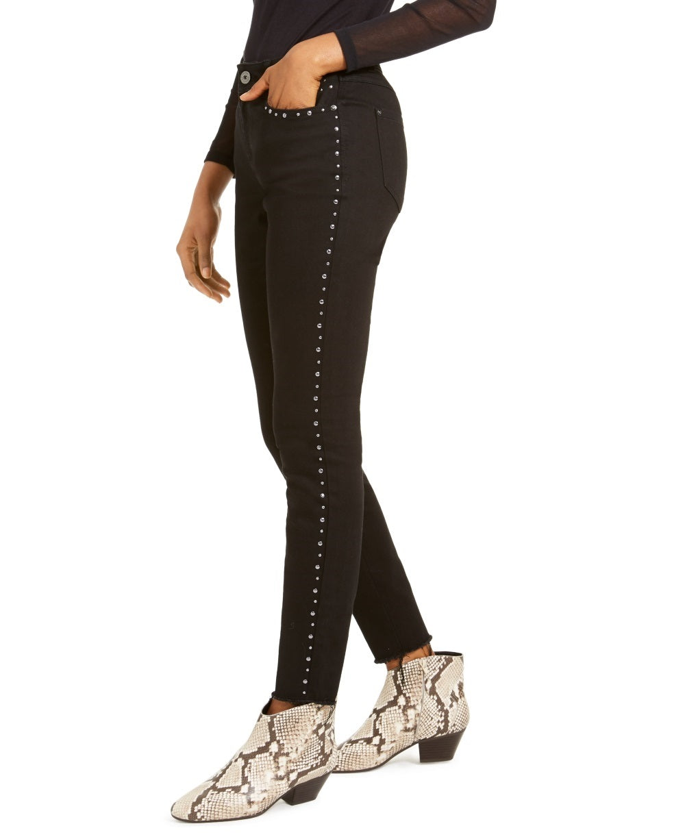 Calça jeans skinny feminina INC International Concepts com tachas e bainha desfiada, preta, tamanho 0