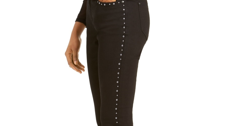 Calça jeans skinny feminina INC International Concepts com tachas e bainha desfiada, preta, tamanho 0