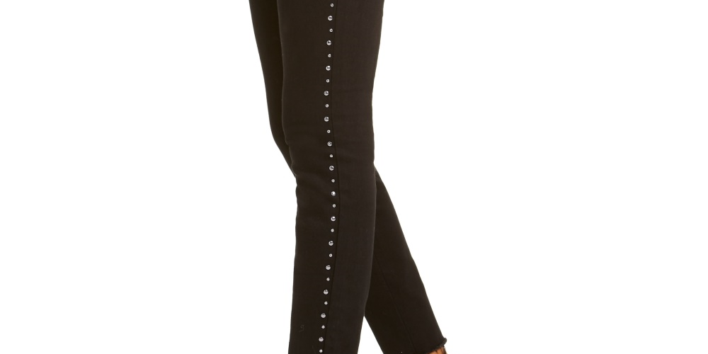 Calça jeans skinny feminina INC International Concepts com tachas e bainha desfiada, preta, tamanho 0