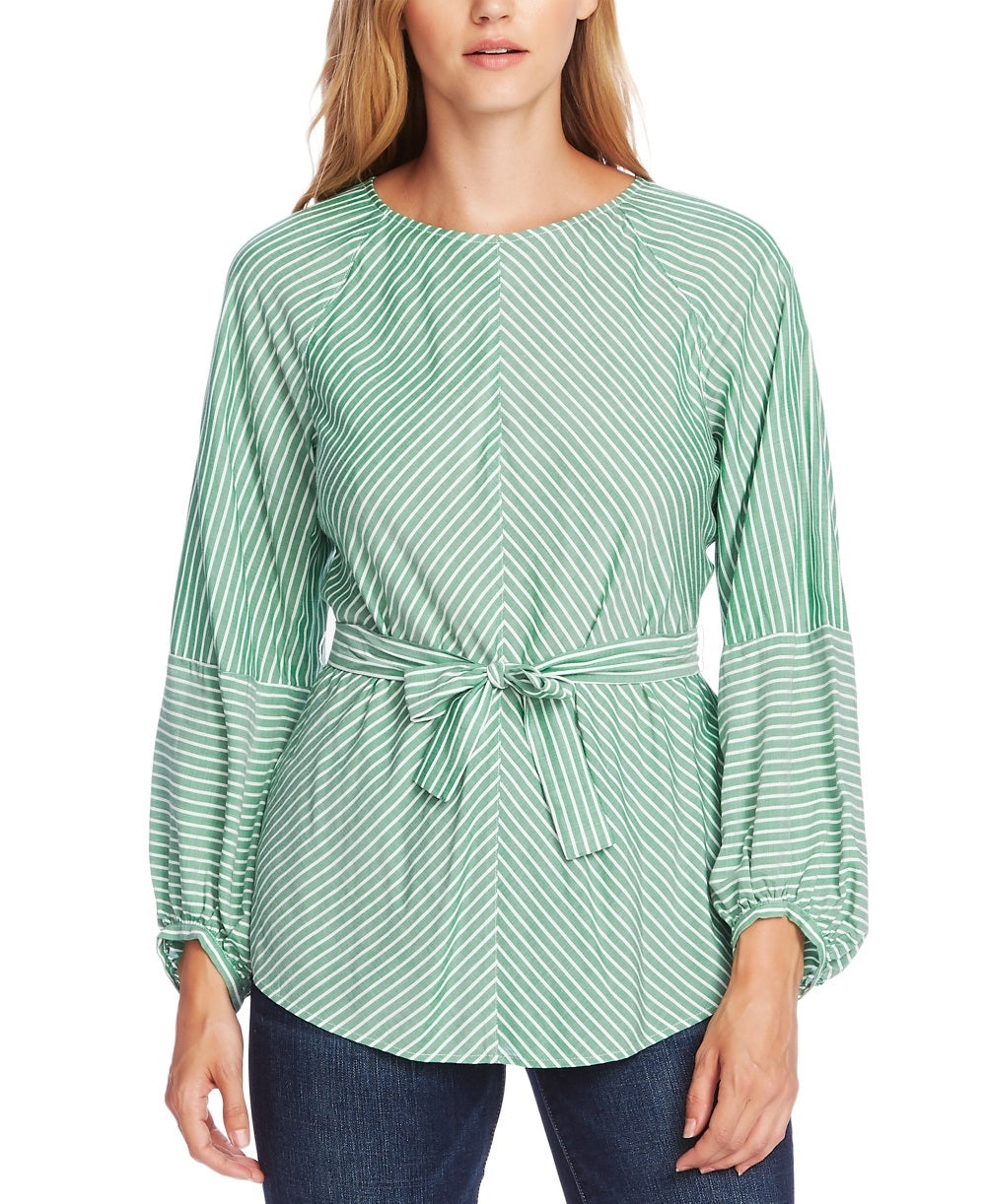 Vince Camuto Blusa feminina listrada de manga comprida com decote em joia, verde, tamanho grande