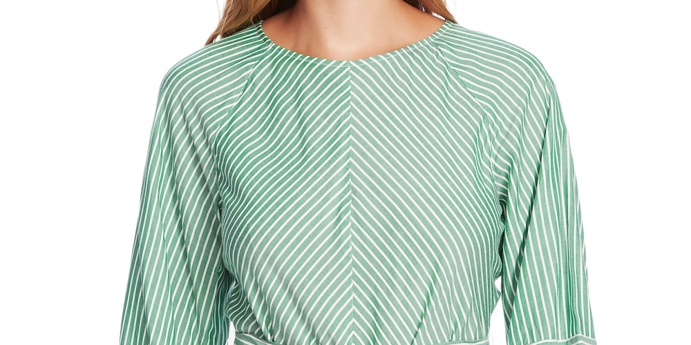 Vince Camuto Blusa feminina listrada de manga comprida com decote em joia, verde, tamanho grande