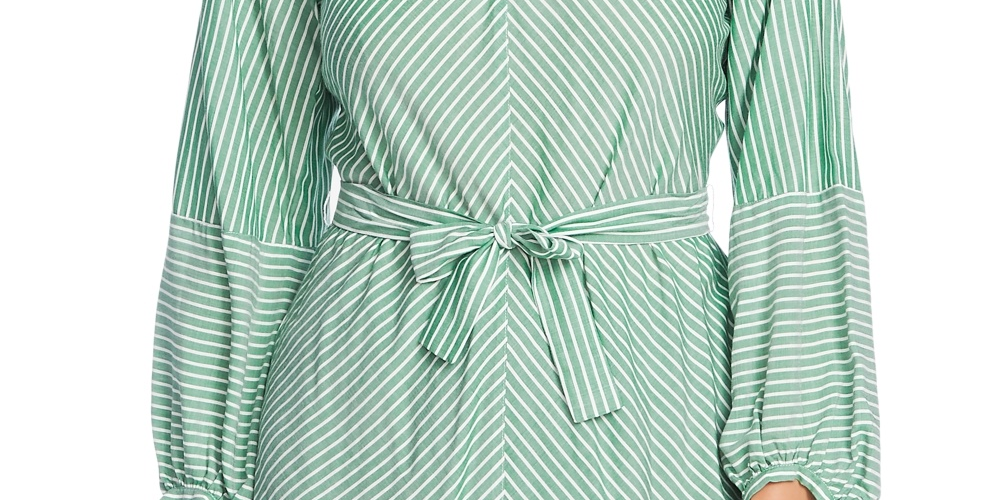 Vince Camuto Blusa feminina listrada de manga comprida com decote em joia, verde, tamanho grande