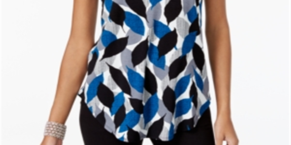 Camiseta feminina Alfani estampada com bainha redonda, azul-petróleo, tamanho pequeno G