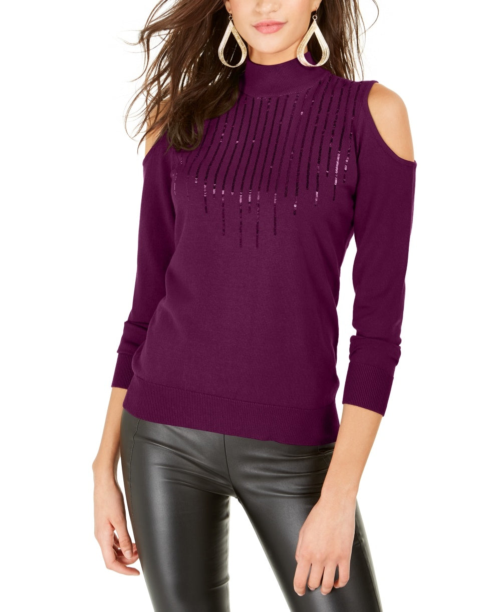 Suéter feminino Thalia Sodi com ombros descobertos, roxo, tamanho grande
