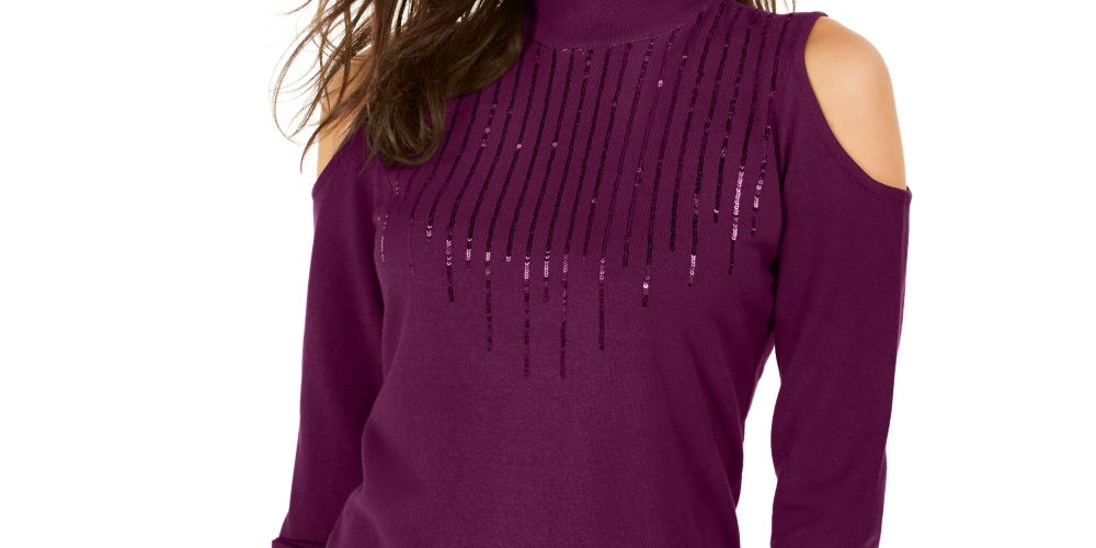 Suéter feminino Thalia Sodi com ombros descobertos, roxo, tamanho grande