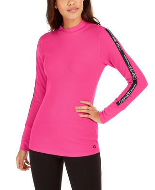Camiseta Calvin Klein Feminina Performance Logo Listrada Gola Mock Rosa Tamanho Médio