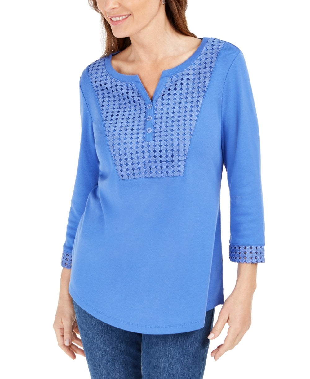 Karen Scott Top Henley Feminino Crochê Azul Tamanho Grande