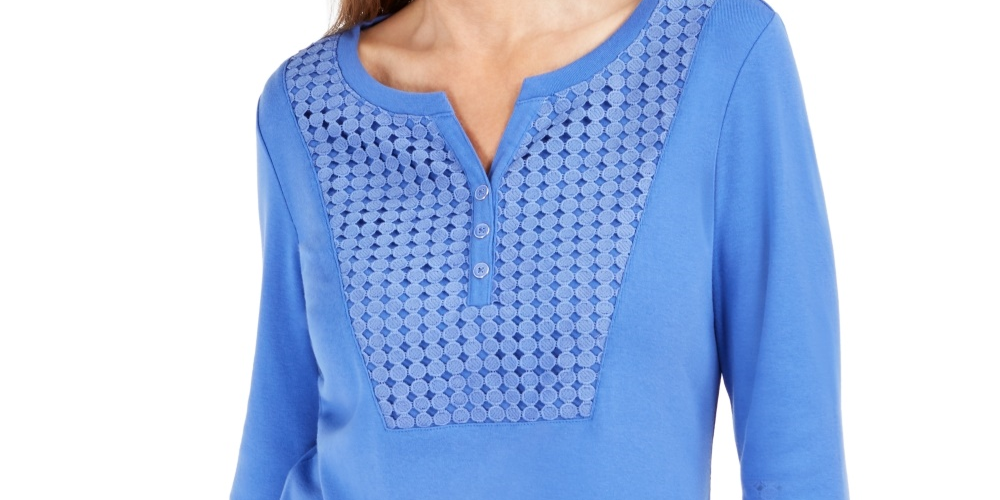 Karen Scott Top Henley Feminino Crochê Azul Tamanho Grande