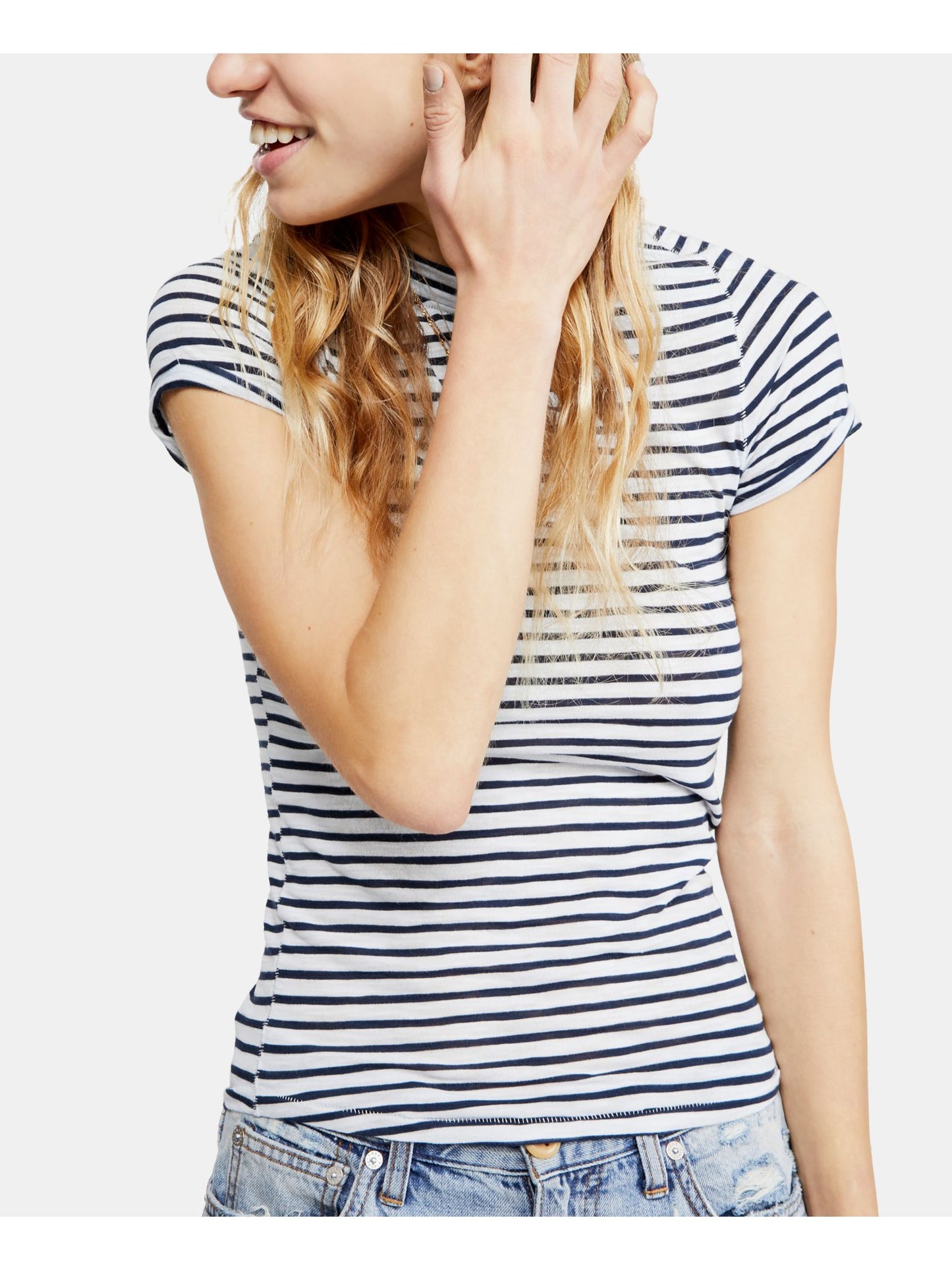 Camiseta feminina listrada de manga curta e gola redonda Free People, azul, tamanho X-S