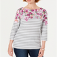 Blusa feminina Karen Scott com decote canoa e listras, manga comprida, decote floral e miçangas, vermelha, tamanho pequeno grande