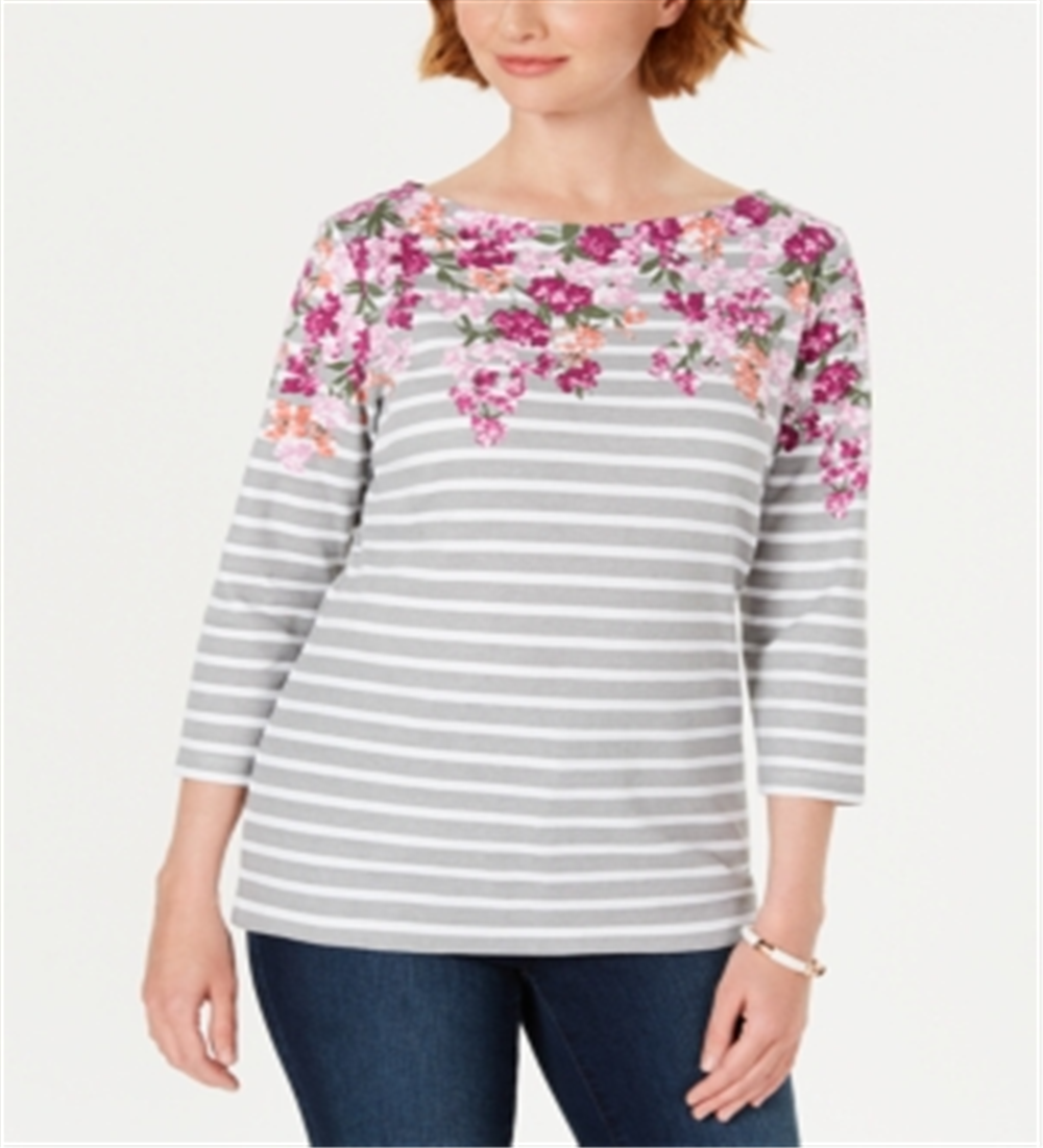 Blusa feminina Karen Scott com decote canoa e listras, manga comprida, decote floral e miçangas, vermelha, tamanho pequeno grande