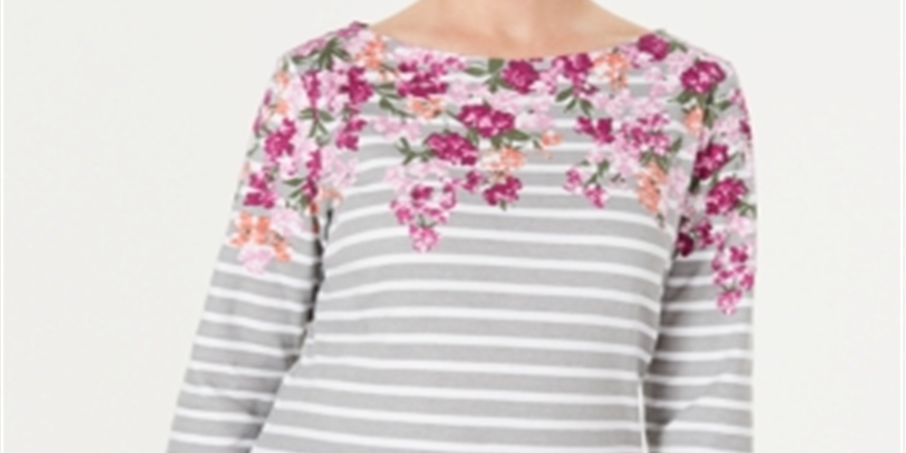 Blusa feminina Karen Scott com decote canoa e listras, manga comprida, decote floral e miçangas, vermelha, tamanho pequeno grande