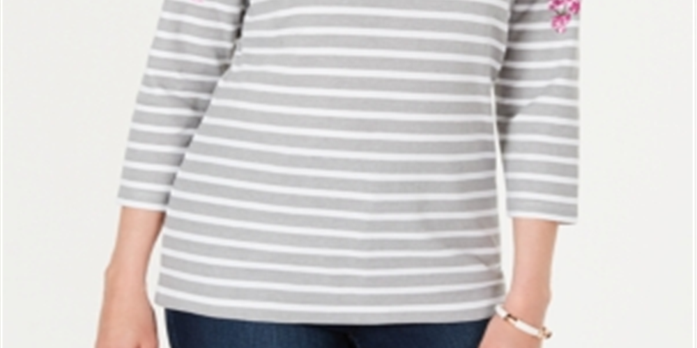 Blusa feminina Karen Scott com decote canoa e listras, manga comprida, decote floral e miçangas, vermelha, tamanho pequeno grande