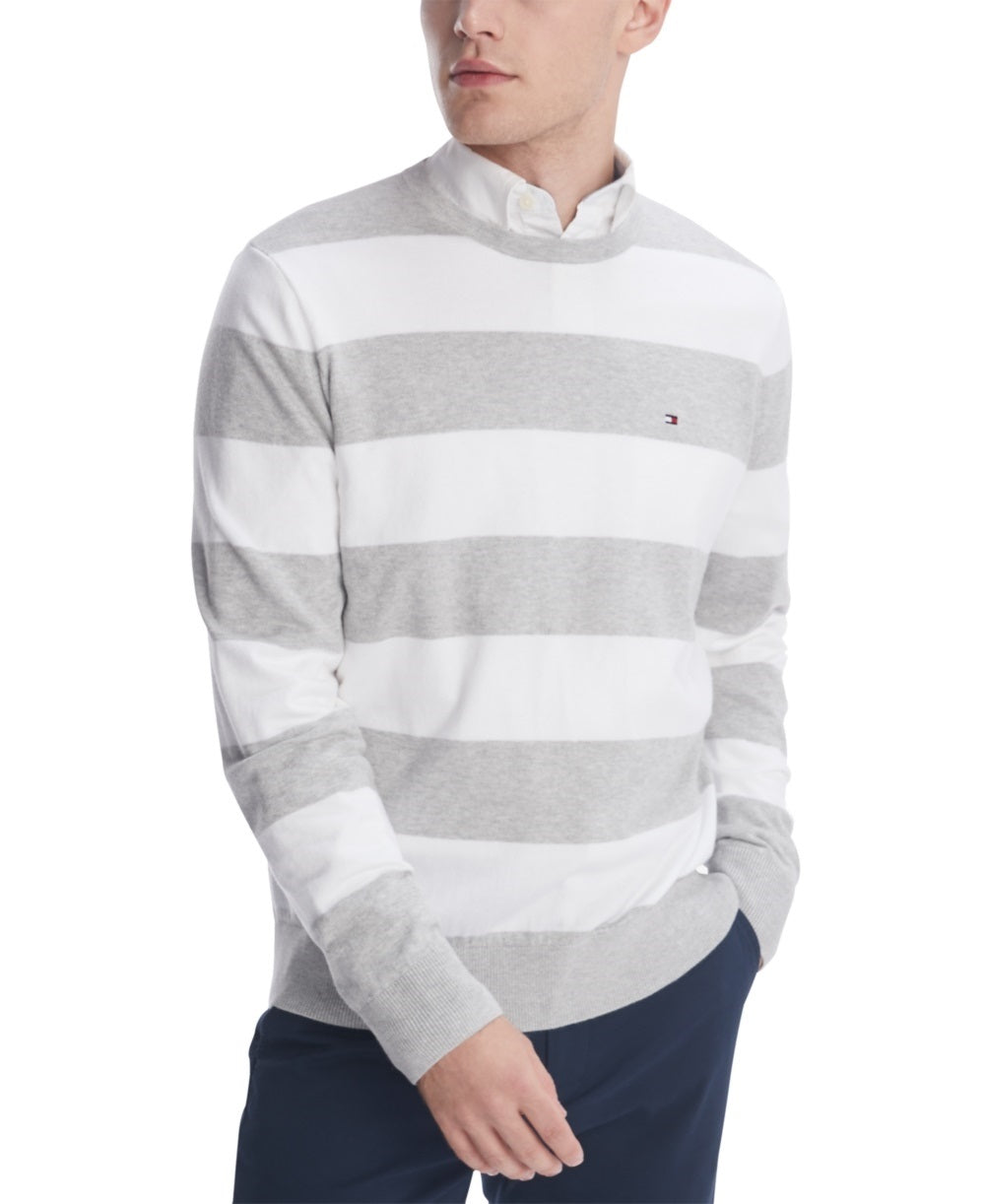 Suéter listrado masculino Tommy Hilfiger Signature Rugby, tamanho grande, prateado