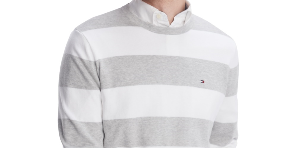 Suéter listrado masculino Tommy Hilfiger Signature Rugby, tamanho grande, prateado