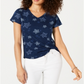 Camiseta feminina estampada com decote em V, azul, tamanho pequeno G