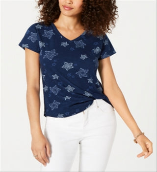 Camiseta feminina estampada com decote em V, azul, tamanho pequeno G