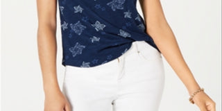 Camiseta feminina estampada com decote em V, azul, tamanho pequeno G