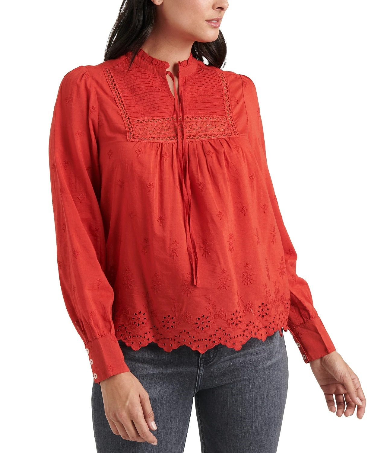 Blusa camponesa com ilhós bordados Cora Pintuck da Lucky Brand, tamanho médio, vermelha