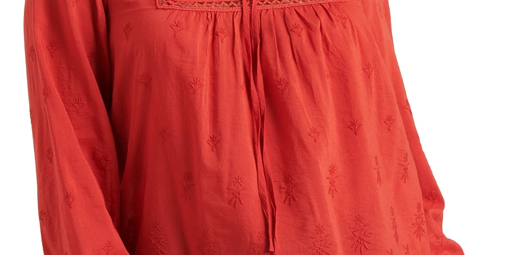 Blusa camponesa com ilhós bordados Cora Pintuck da Lucky Brand, tamanho médio, vermelha