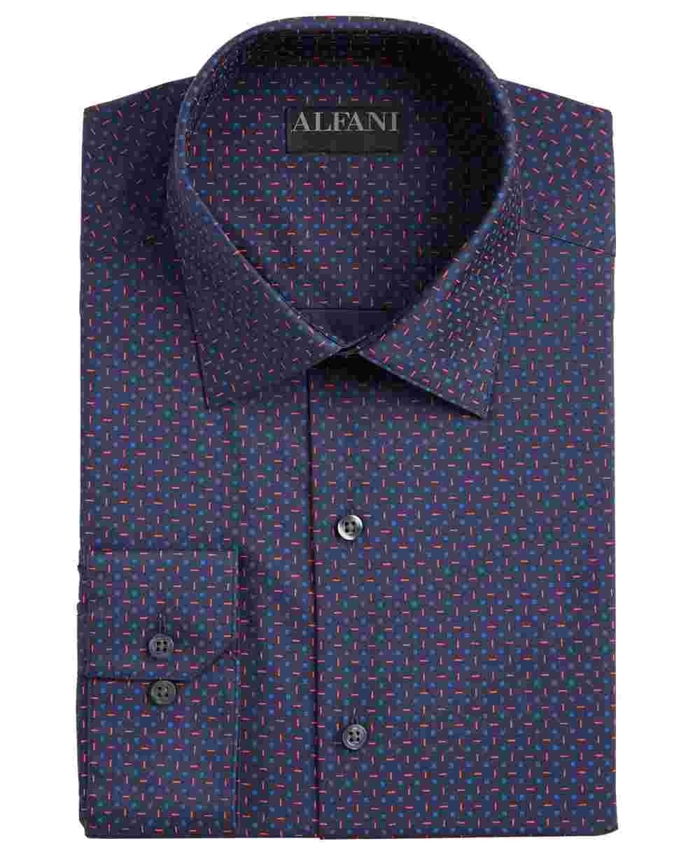 Camisa social masculina Alfani com gola estampada, slim fit, elástica, tamanho azul-marinho, 15,5 x 34-35