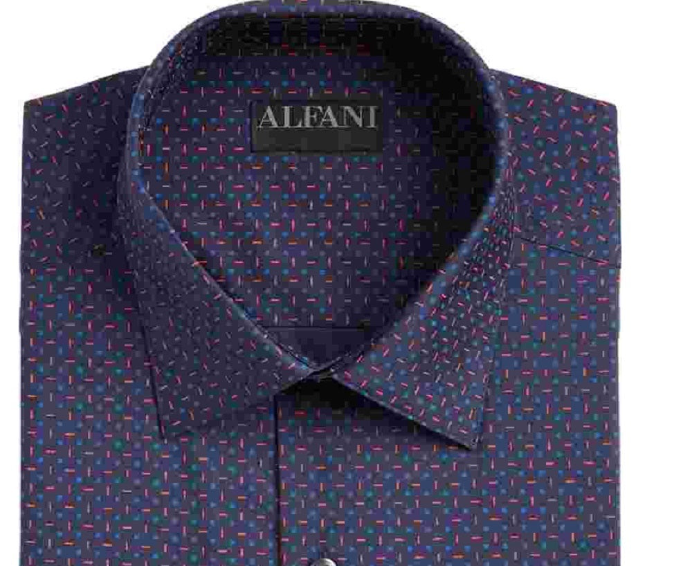 Camisa social masculina Alfani com gola estampada, slim fit, elástica, tamanho azul-marinho, 15,5 x 34-35